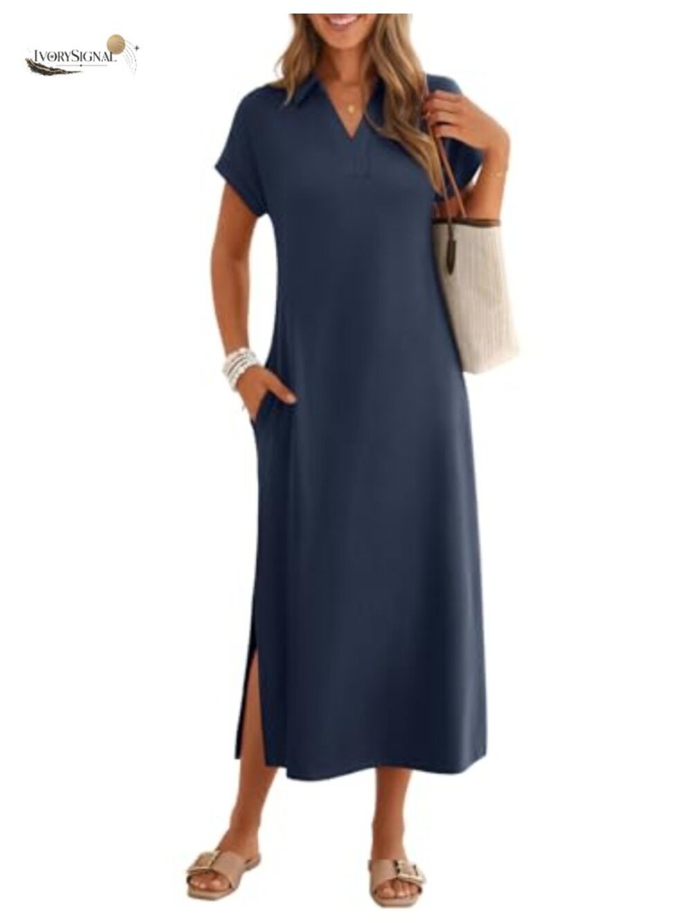 Women's Summer Maxi Dress V Neck Collared Short Sleeve Casual Long Dress